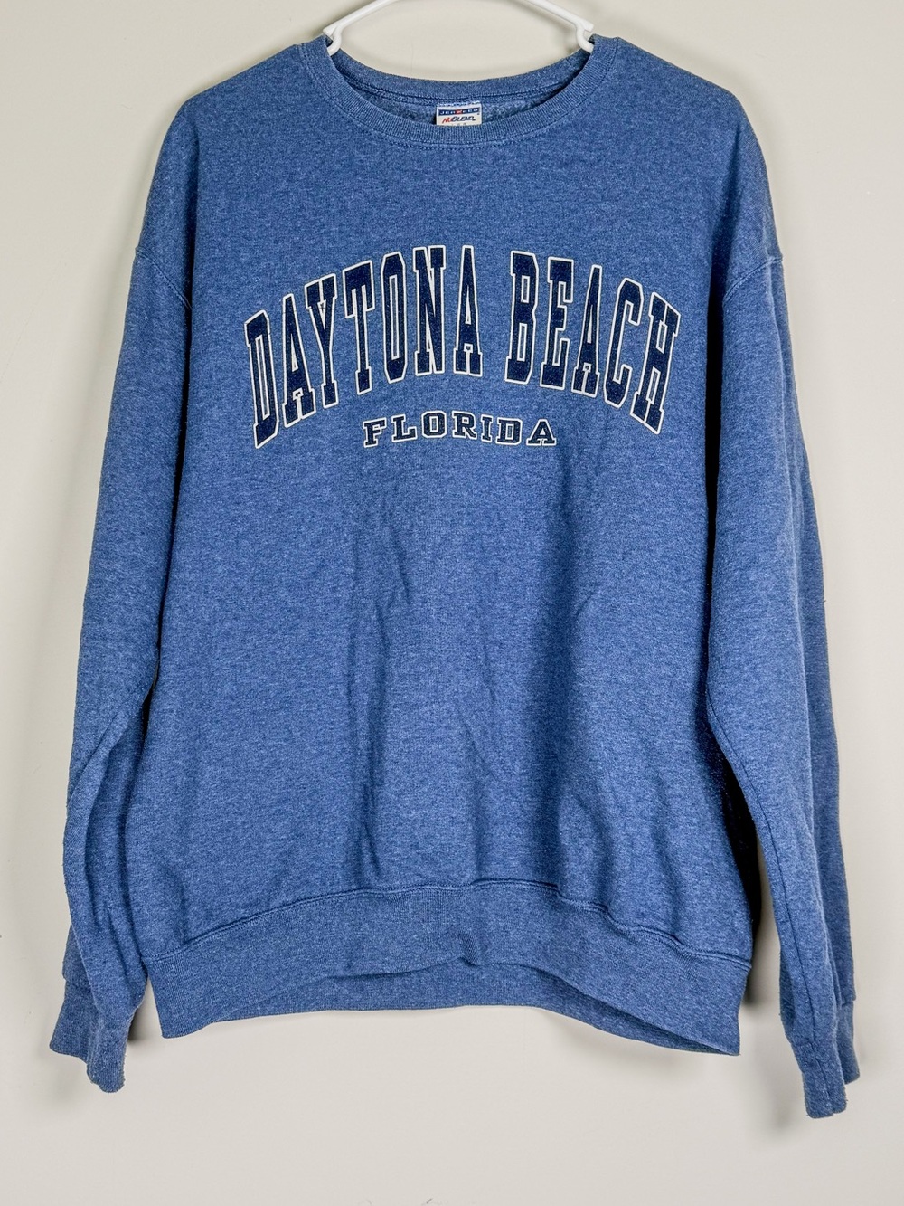 Jerzees Blue and White NuBlend Crewneck Label Detail